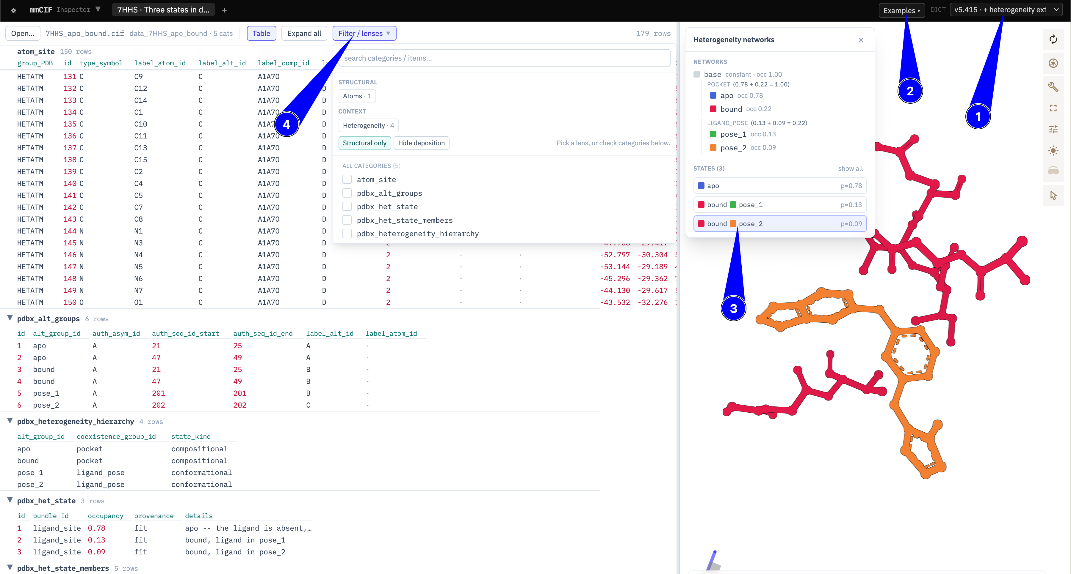 Screenshot of the mmcif-browser file inspector and 3D viewer